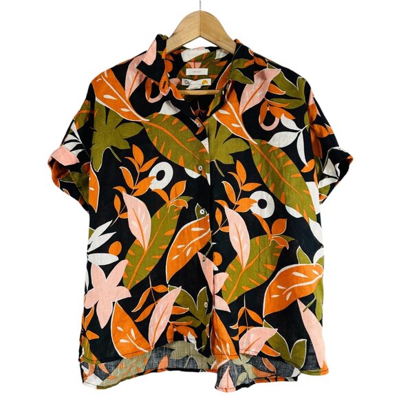 C&C California 100% Linen Tropical Floral Button-Up Shirt Black Orange Pink M - Picture 1 of 11